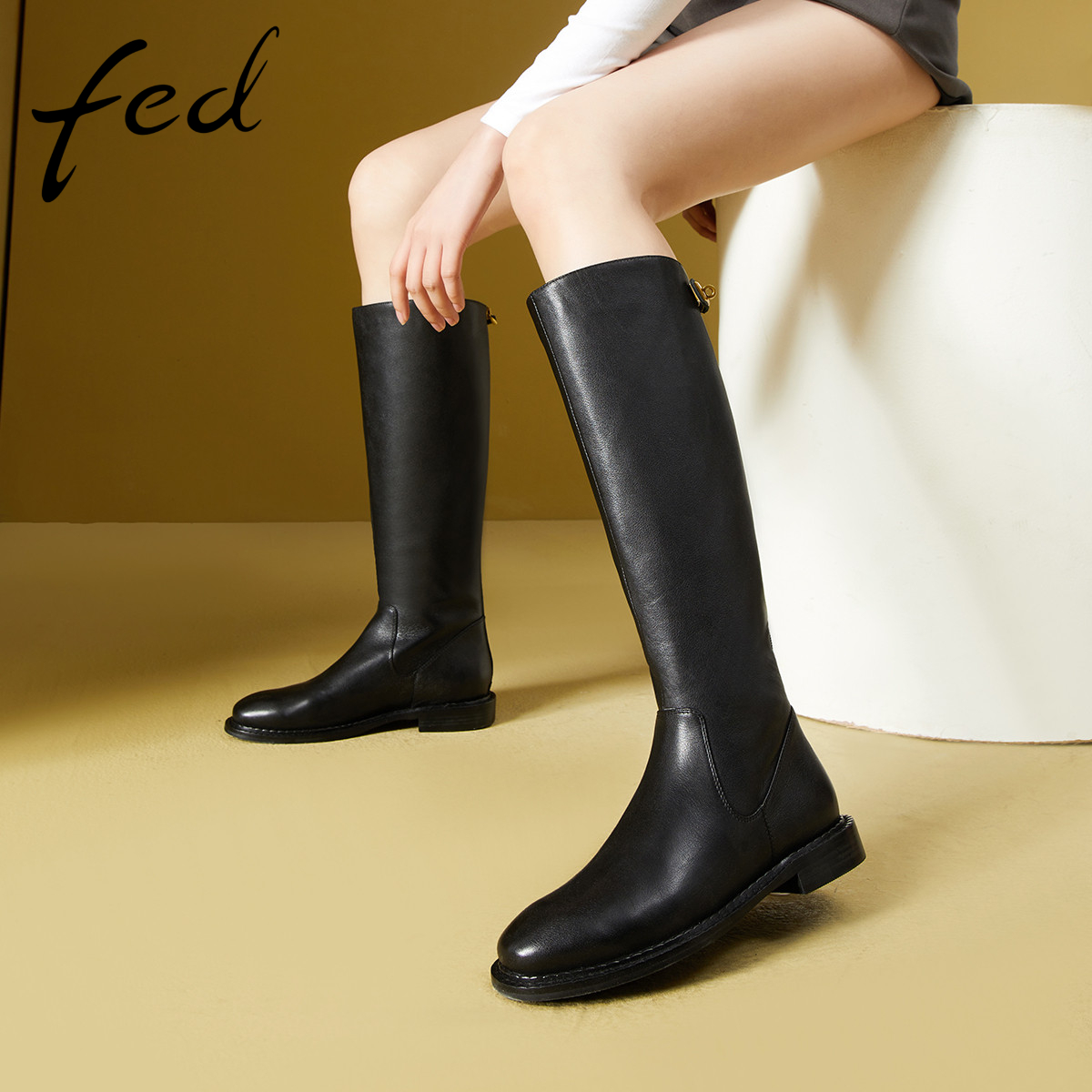 FED全头层牛皮秋冬女鞋真皮复古低跟靴子女高筒长靴绒里骑士靴女