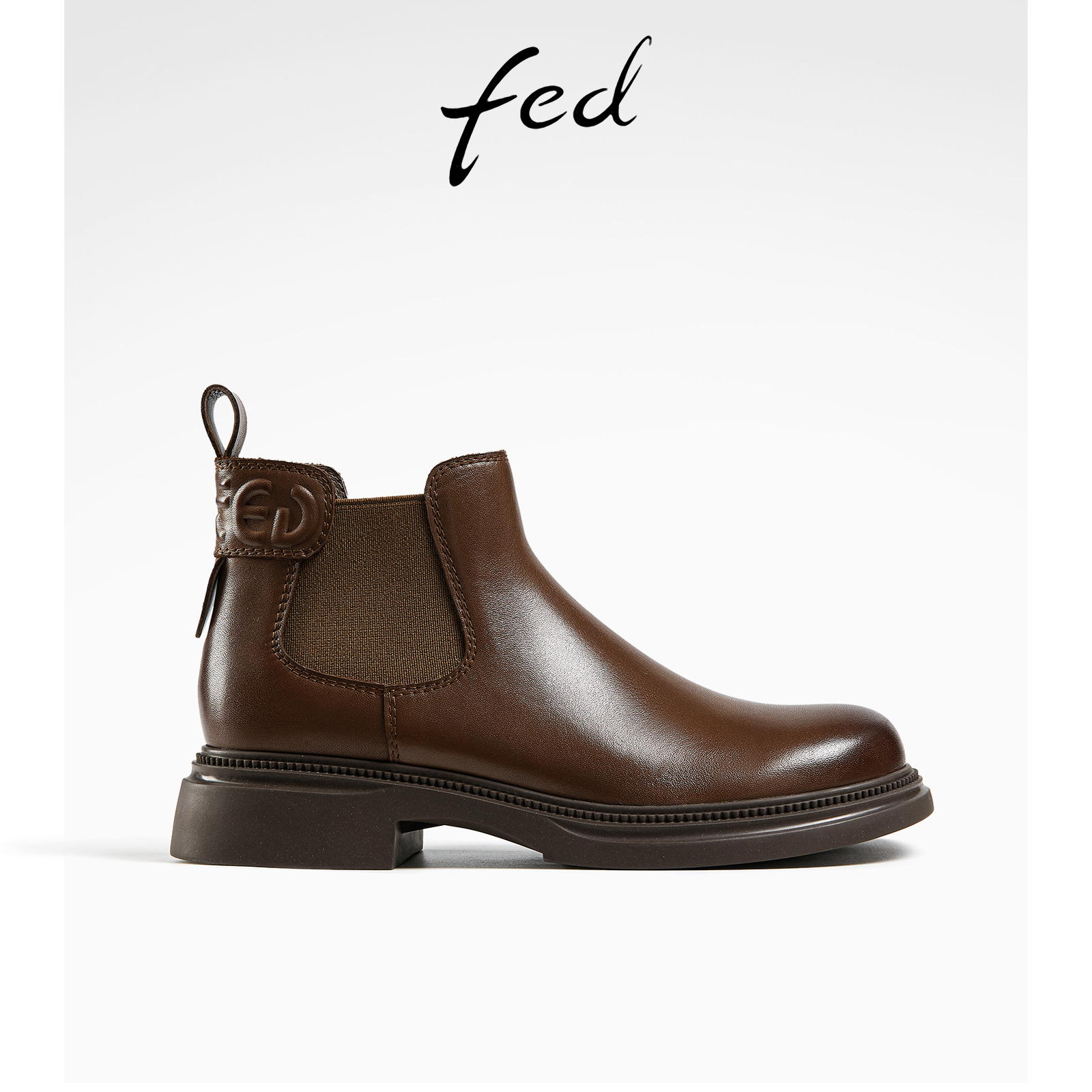 fed牛皮秋冬女鞋复古真皮百搭粗跟靴子女短筒靴及踝靴切尔西靴女