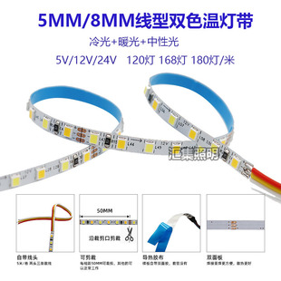 LED双色温灯带12v24伏 三色可调光变色自粘白中暖 智能调色灯条