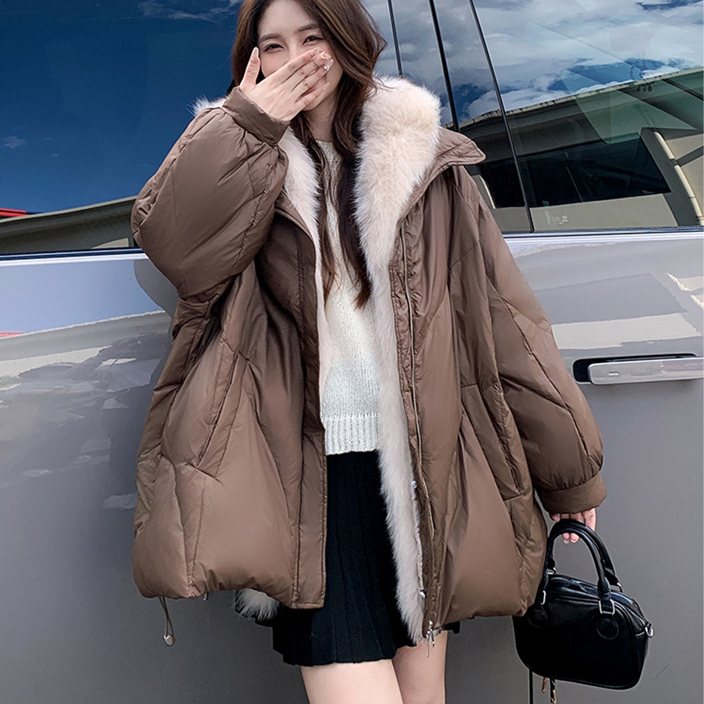 狐狸毛领羽绒服女冬白鸭绒特大码加肥加大遮肚显瘦气质超保暖外套