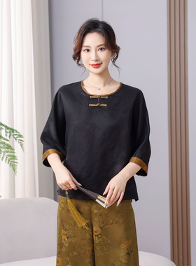 香云纱龟纹黑色t恤女2025夏装新款连肩袖宽松版7分袖妈妈真丝上衣