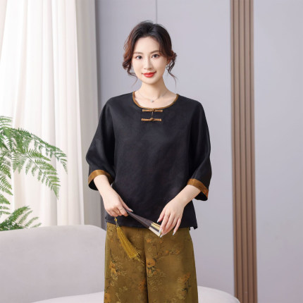 香云纱龟纹黑色t恤女2025夏装新款连肩袖宽松版7分袖妈妈真丝上衣