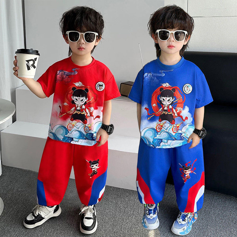 男童夏季套装2025新款短袖哪吒儿童衣服夏装洋气两件套速干帅气潮