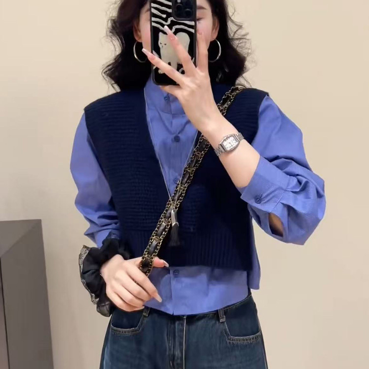 秋季欧货高级感条纹长袖衬衫套装