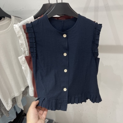 气质褶皱花边单排扣无袖背心女