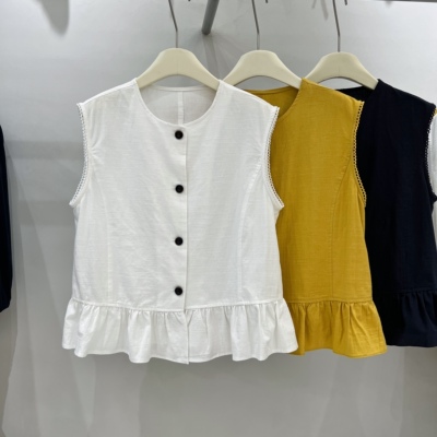 小香风纯色圆领无袖棉麻衬衫女