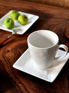 优雅的气质原矿白瓷釉下刻花马克杯下午茶水杯Brunch茶杯素雅极简