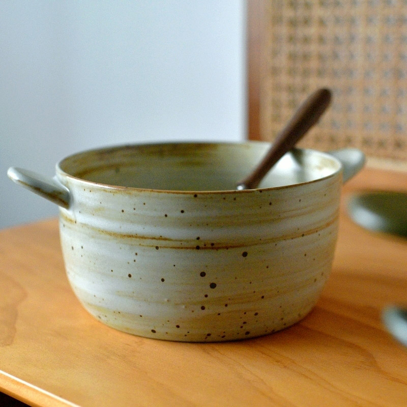 雅泥粗陶质感复古风饭碗双耳面碗