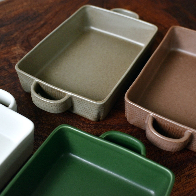 景德镇手作复古风双耳烤盘陶瓷哑光窑变釉长方形烤箱焗饭盘水果盘