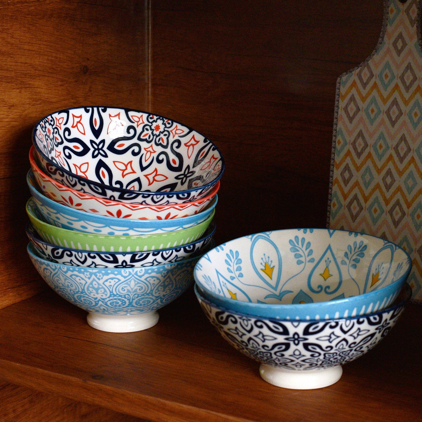 波西米亚风格内外釉下彩6英寸大饭碗高温陶瓷复古高足斗笠碗粥碗