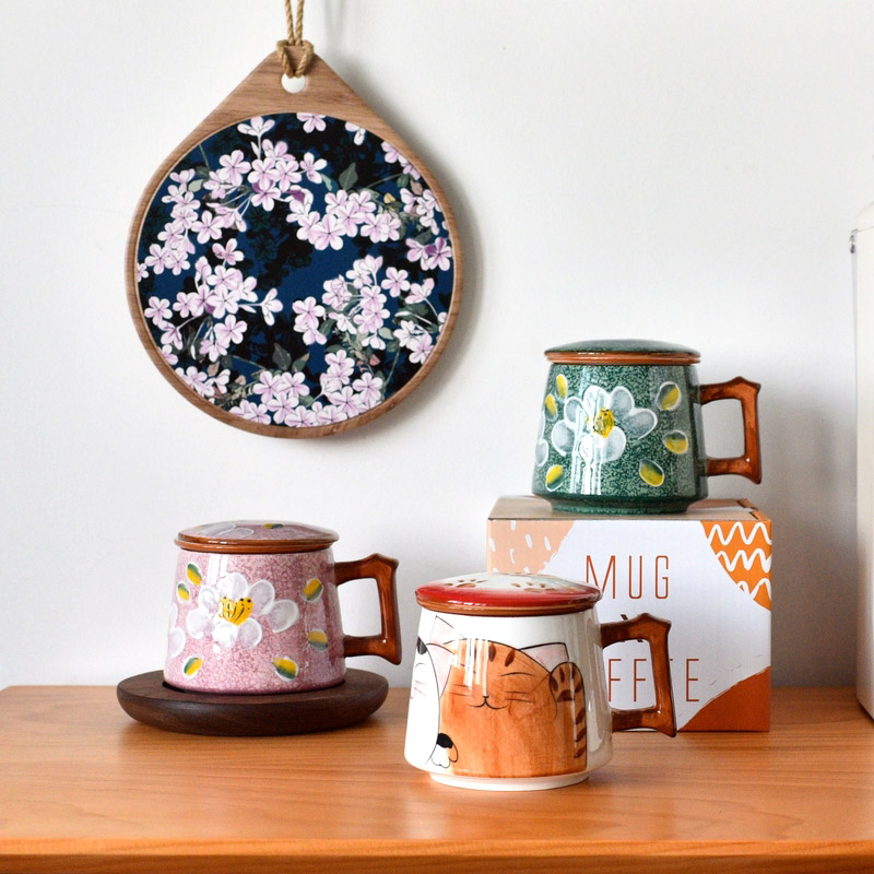 手绘釉下彩带盖子带过滤泡茶杯