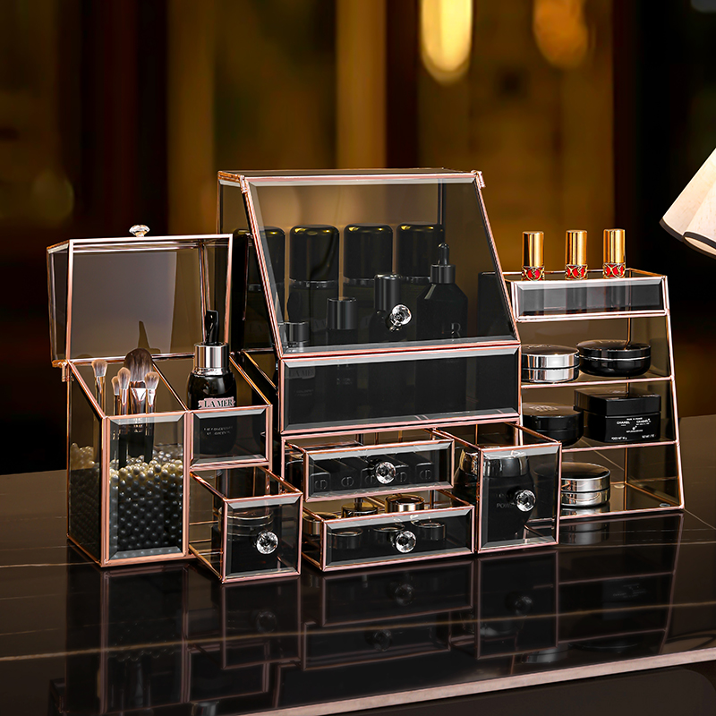 玻璃化妆品收纳盒桌面防尘大容量高级感抽屉式化妆刷护肤品置物架