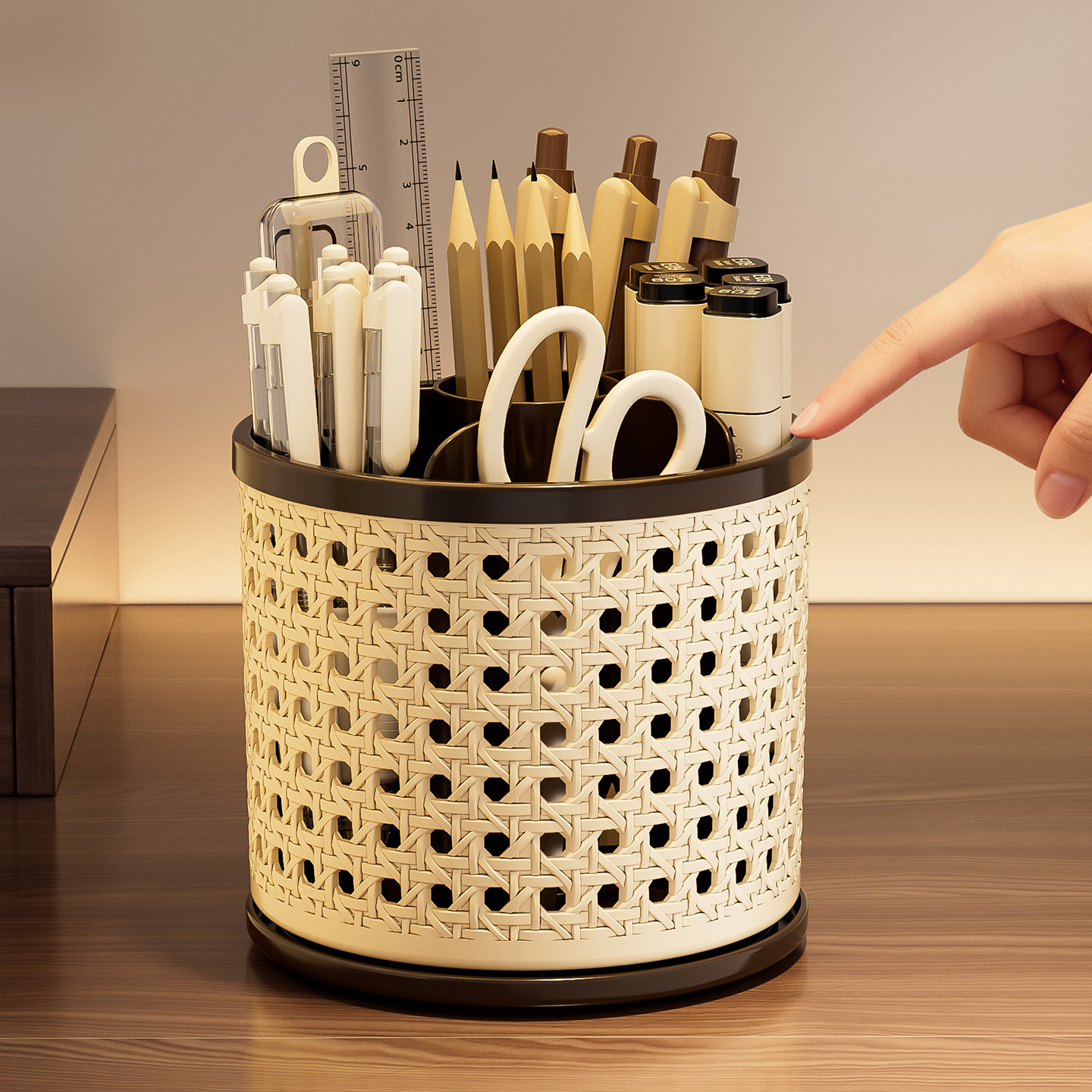 中古风笔筒桌面收纳盒办公室工位杂物分隔储物盒旋转文具盒笔筒