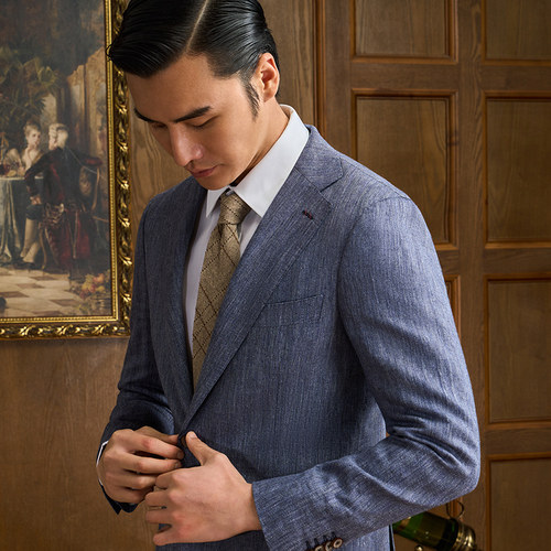 意大利进口面料亚麻西服男士蓝色