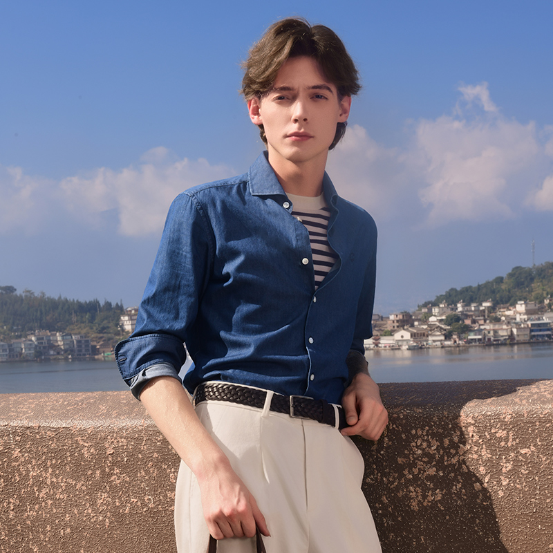 澳嘉25春季男装经典牛仔宽松衬衫美式复古通勤内搭牛津长袖衬衫