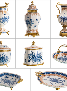 青花系列摆件陶瓷配铜花瓶装饰罐