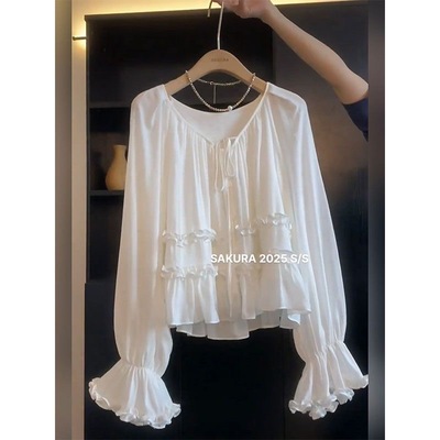2025年新款法式木耳边喇叭袖衬衫