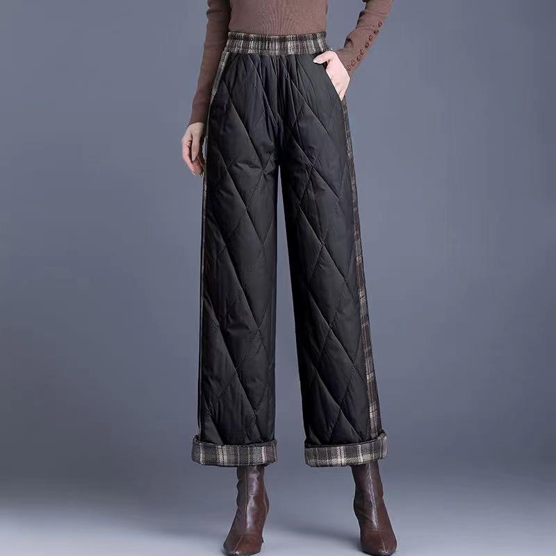 保暖格纹时尚毛呢加厚棉裤高腰