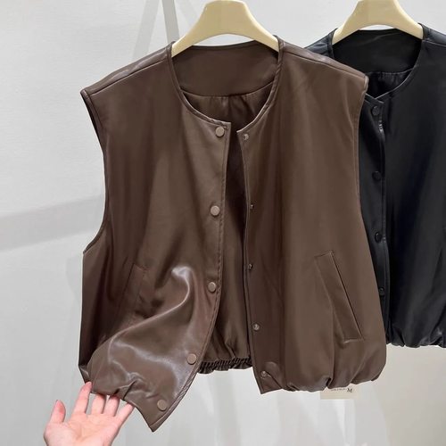 圆领纯色无袖pu皮衣马甲女外穿