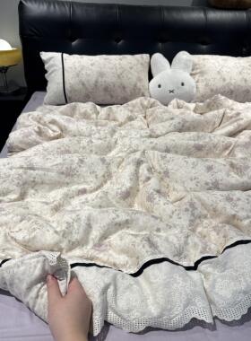 2025新款纯棉全棉双层纱法式少女蕾丝花边紫色碎花纱布温馨四件套