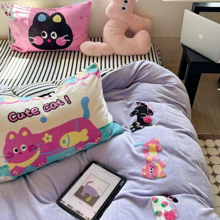 韩系多巴胺可爱毛巾绣牛奶绒四件套双面绒被套ins少女心3件套床单