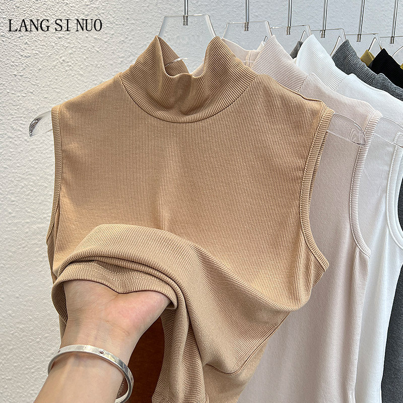 半高领修身下摆圆弧纯棉背心