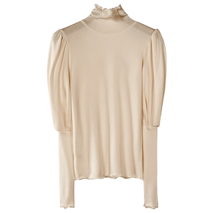 灯笼袖高领长袖加绒T恤女秋冬新款木耳边内搭纯色保暖内搭打底衫