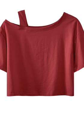 紫色短款宽松露肩T恤夏季韩版网红同款一字领短袖体恤纯棉上衣女
