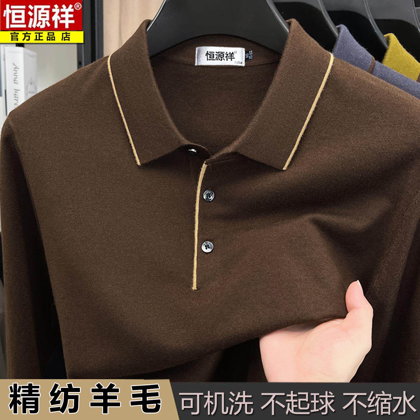 恒源祥2025秋季新款男士长袖翻领T恤中老年爸爸装薄款羊毛打底衫