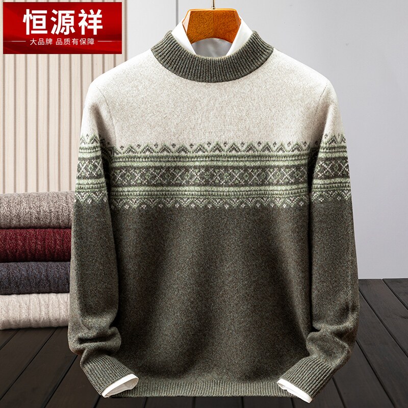 恒源祥新款山羊绒衫男士半高圆领加厚双股提花针织衫冬季中年毛衣