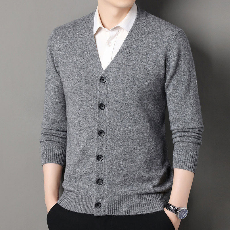 恒源祥羊绒衫男新款2025秋冬加厚开衫毛衣红色羊毛衫男V领爸爸装