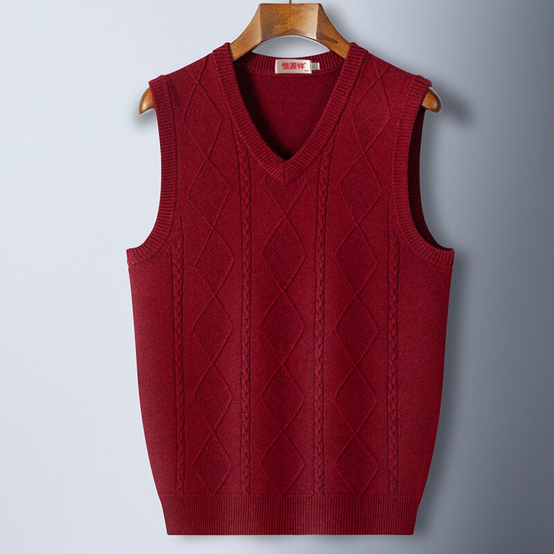 恒源祥纯山羊绒衫男士背心中老年毛马甲冬加厚v领打底衣无袖坎肩