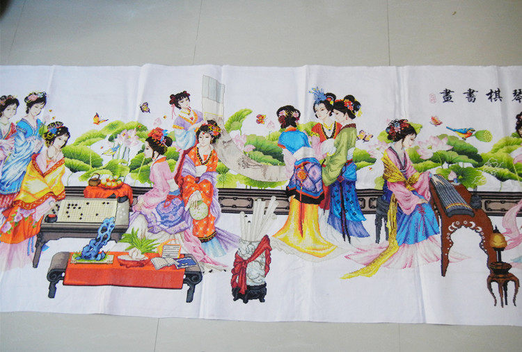 3米琴棋书画客厅大幅 金陵十二钗纯手工大图甲萘威骐带管桩家装效