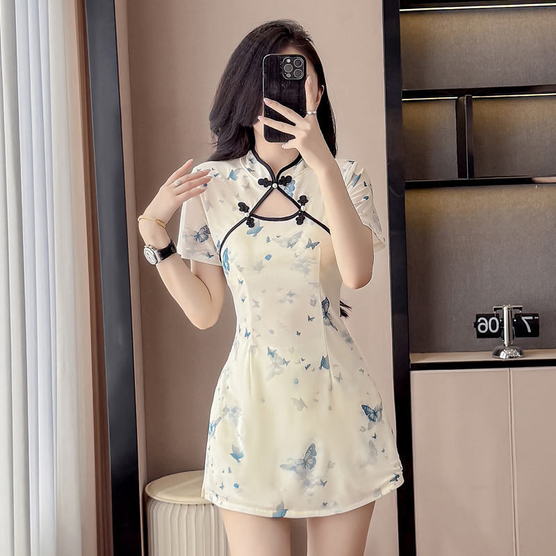 国风年轻款气质网纱印花旗袍女连衣裙性感足浴技师工作服两件套装