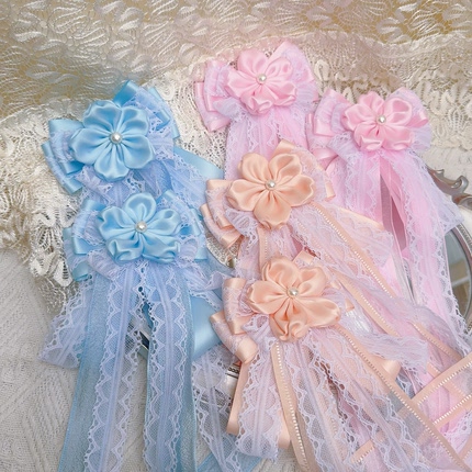 原创手作Lolita洛丽塔发饰小物 樱花蕾丝少女飘带对夹边夹五瓣花