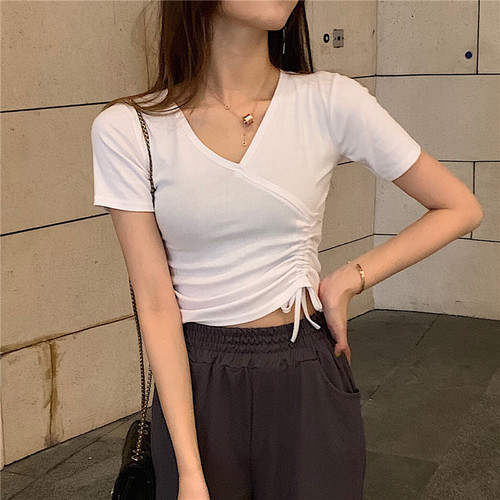 Real-price sexy V-neck pull-rope T-shirt + loose ice silk cool high waist show thin casual broad-legged pants