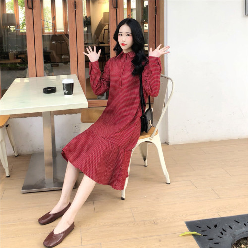 Real-price New College Wind Lotus Leaf Edge Retro Thin Fishtail Skirt Chequered Long Sleeve Shirt Dress