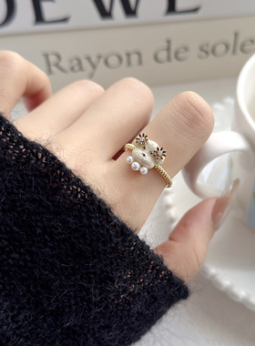 超萌卡通小狗滴油珍珠开口戒指