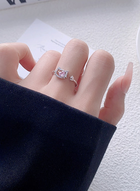 粉色系列甜美风可爱镂空猫咪爱心锆石戒指时尚粉锆猫爪开口戒指女