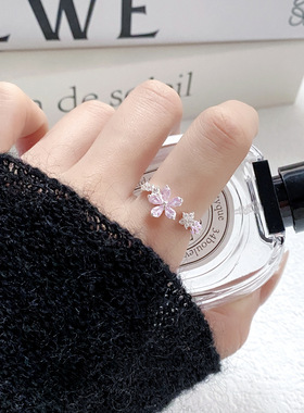 甜美紫色滴油花朵锆石开口戒指