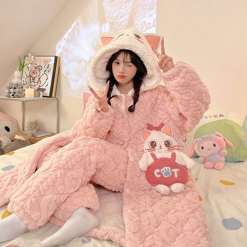 珊瑚绒三层夹棉秋冬季睡衣女加绒加厚连帽睡袍可爱浴袍家居服套装