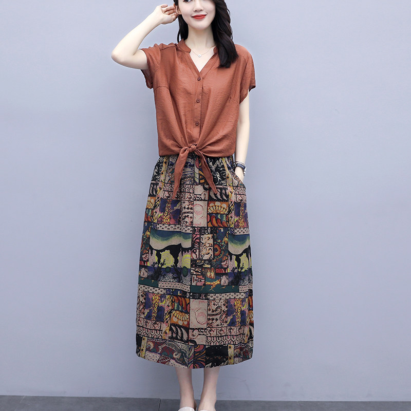 棉麻连衣裙夏2024新款气质女神范收腰显瘦夏天印花两件套装半身裙