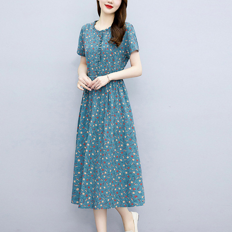 棉麻连衣裙夏天薄款2023新款中年妈妈夏装减龄显瘦温柔风碎花长裙