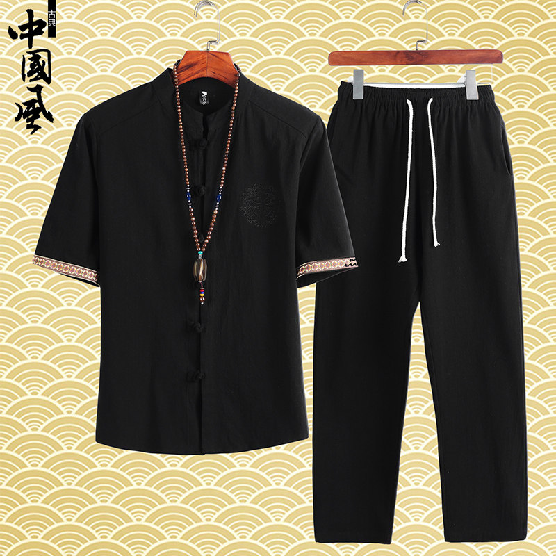 중국 스타일 남성 여름 린넨 반팔 당나라 정장 골동품 중국어 버튼 업 면화와 린넨 셔츠 자수 복고풍 추세