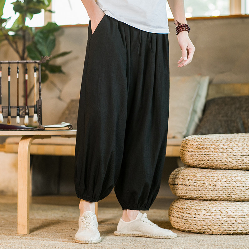 남성용 리넨 와이드 팬츠 루즈 스트레이트 드레이프 아이스 실크 캐주얼 9점 팬츠 여름 얇은 그레이 트렌드