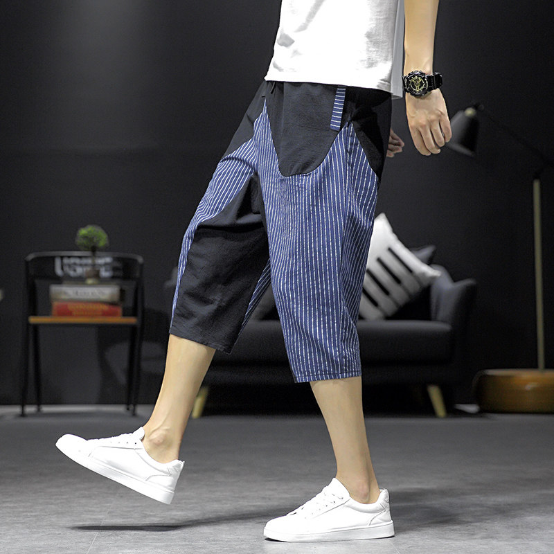 바지 남성 여름 얇은 트렌디 브랜드 크롭팬츠 한국식 트렌디 코튼 린넨 컬러블럭 스트라이프 팬츠 캐주얼 스포츠반바지