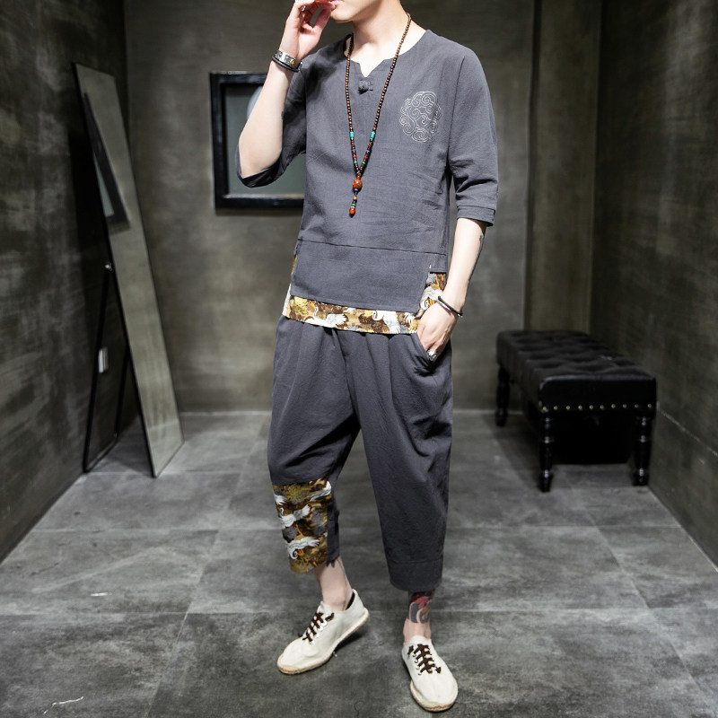 중국 스타일 남자 정장 중국 스타일 버클 청소년 유행 면화와 린넨 접합 유행 복고풍 여름 반팔 티셔츠 정장