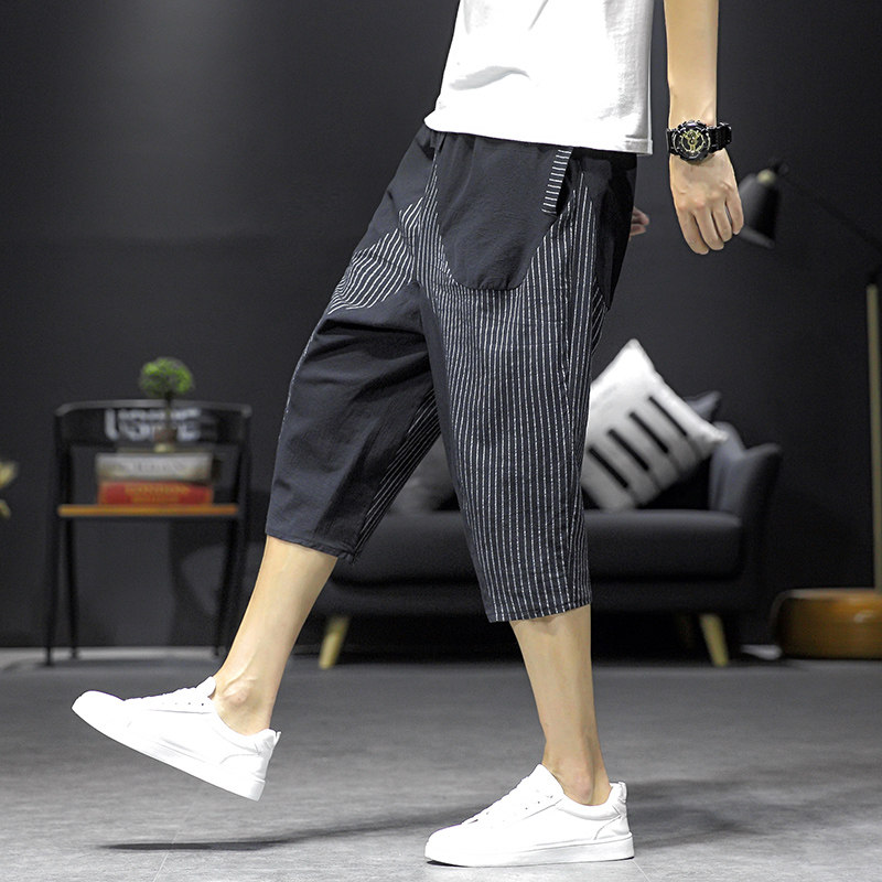 바지 남성 여름 얇은 트렌디 브랜드 크롭팬츠 한국식 트렌디 코튼 린넨 컬러블럭 스트라이프 팬츠 캐주얼 스포츠반바지