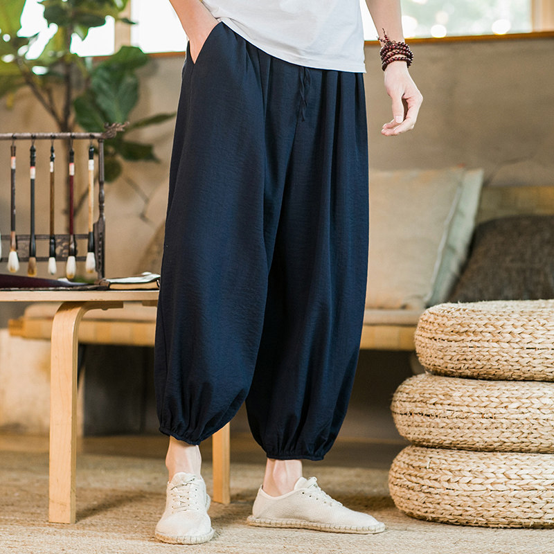 남성용 리넨 와이드 팬츠 루즈 스트레이트 드레이프 아이스 실크 캐주얼 9점 팬츠 여름 얇은 그레이 트렌드