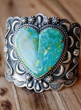 华杰wish热卖爆款绿色心形复古戒指  欧美潮男女节日戒指直销